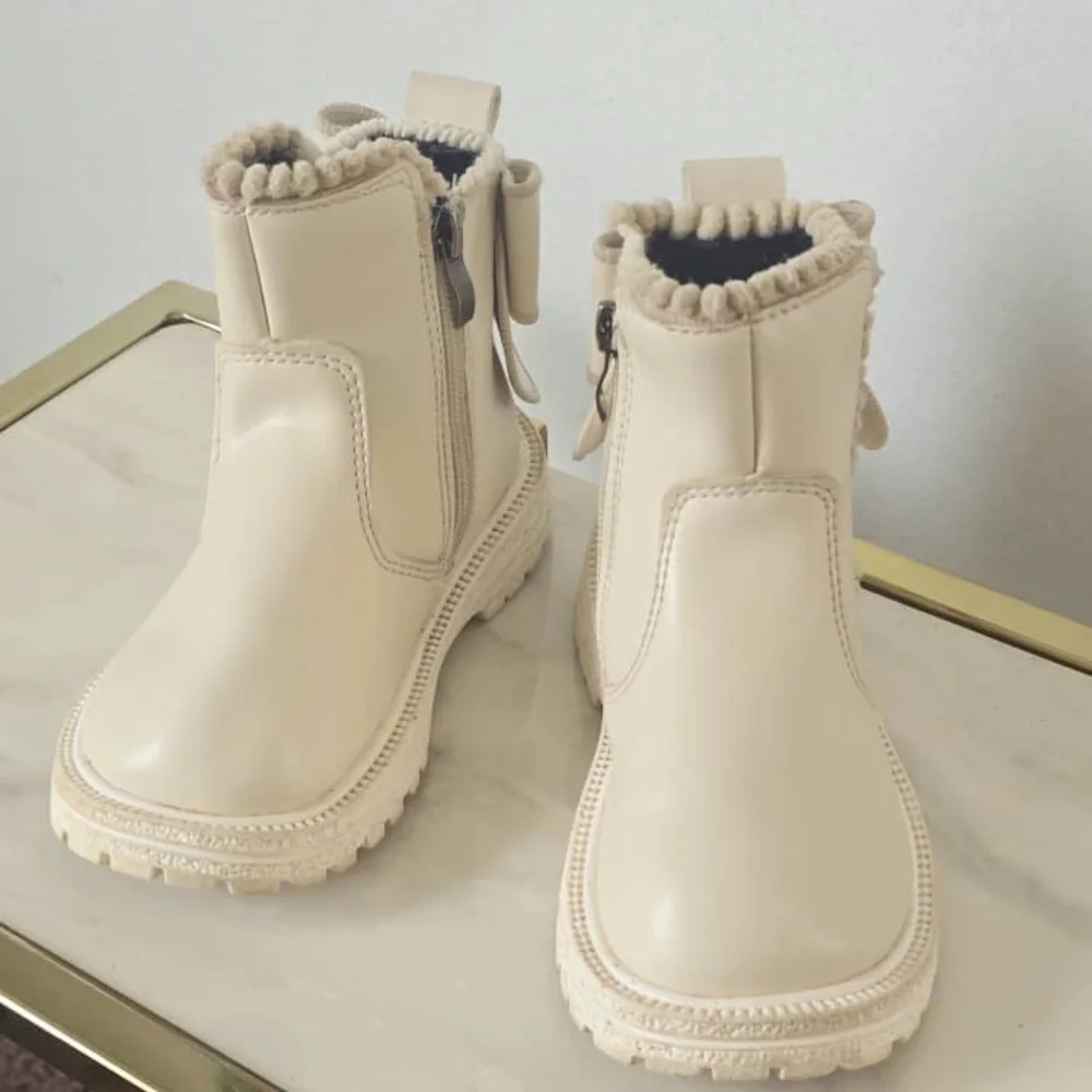 Girls Bow Decor Thermal Lined Beige Ankle Boots With Slide Zipper US 10-10.5